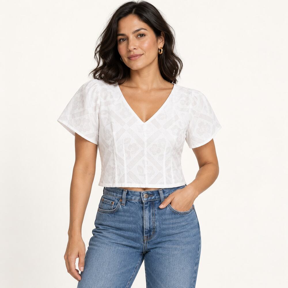 Madewell Darted V Neck Short Sleeve 100% Cotton Trendy Top US Women's 2 New